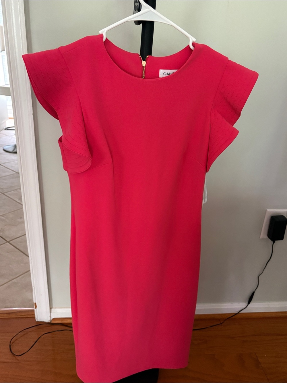 Calvin Klein Bright Pink Ruffle Sleeve Midi Dress